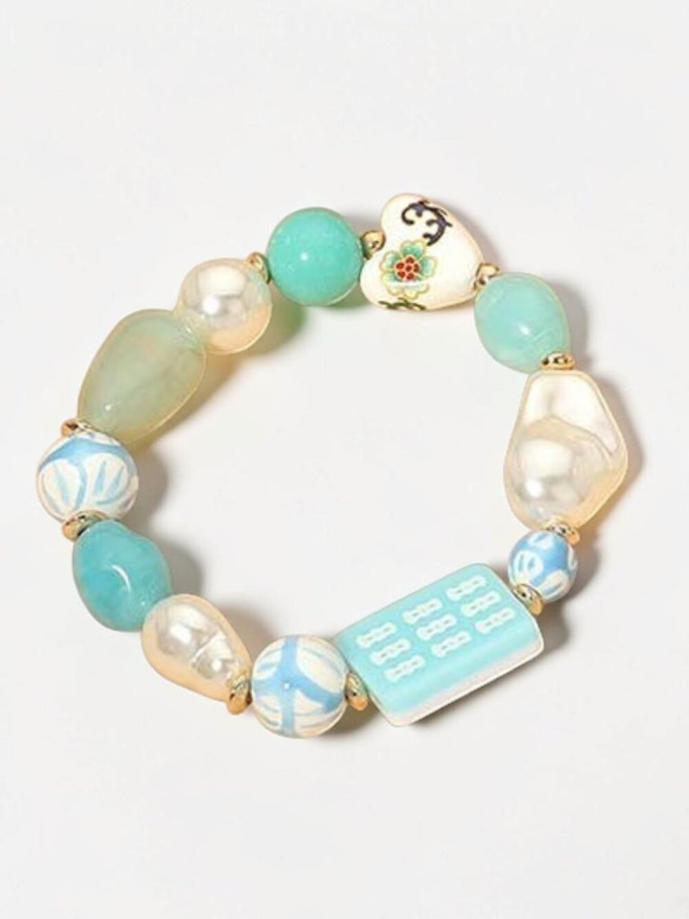 Mahjong Tile Bracelet Mint Chunky Beaded Pearl Heart Stretch Bracelet NWT